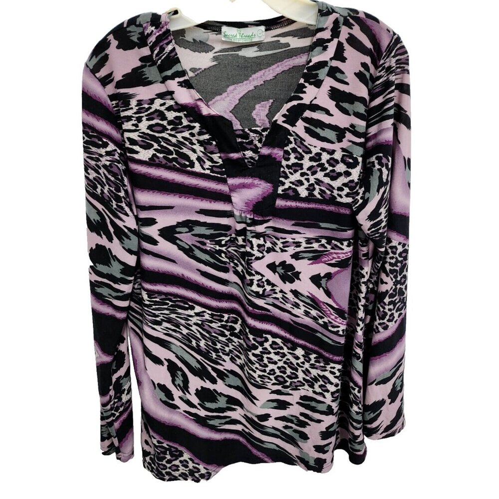 Sacred Threads Womens Artsy Animal Print Tunic Top Large Purple Gray Abstract